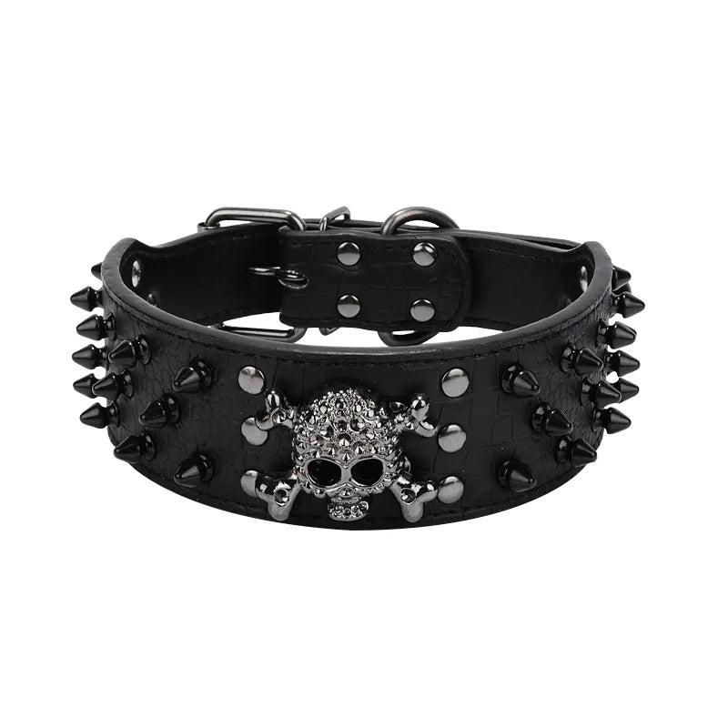 2inch Wide Skull Spiked Studded Leather Large Dog Collars