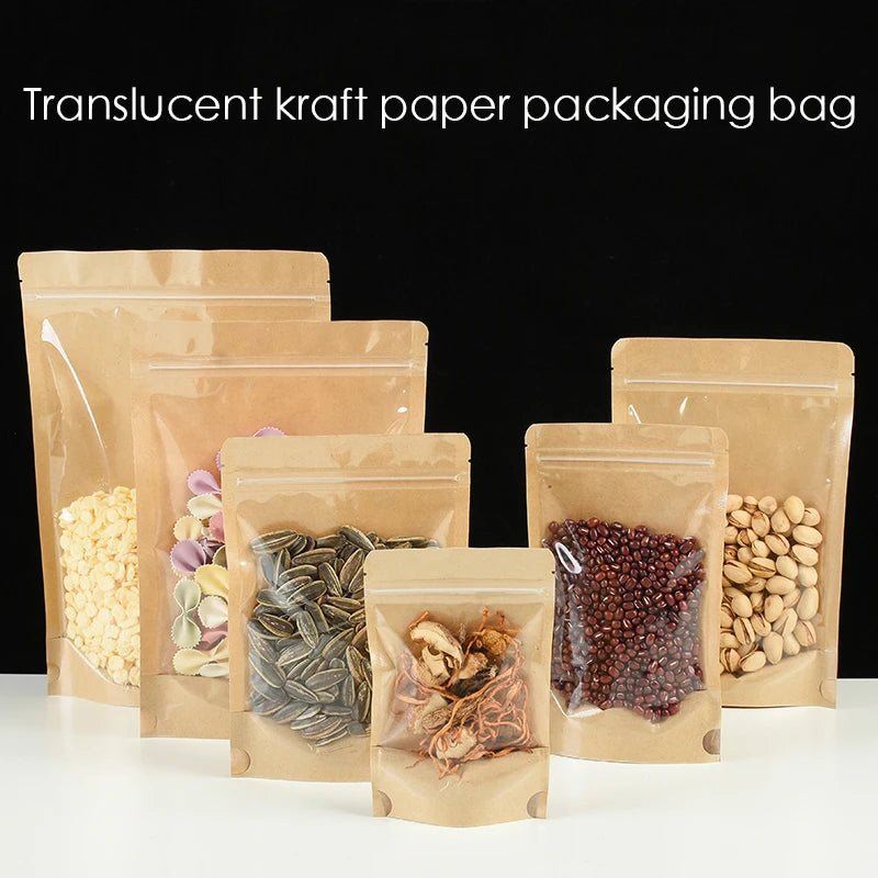 100 Kraft paper sealed pocket Stand up Zip lock Dry Food