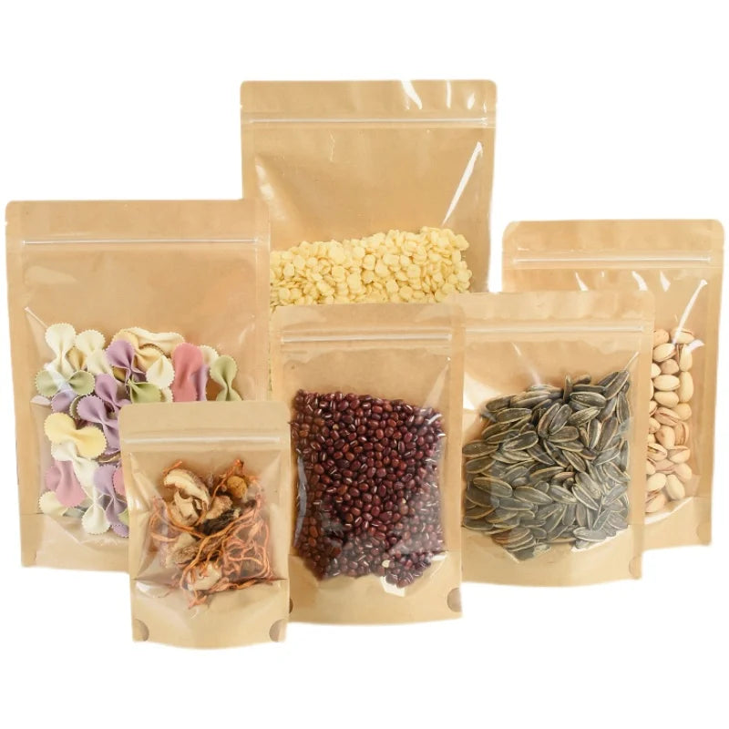 100 Kraft paper sealed pocket Stand up Zip lock Dry Food