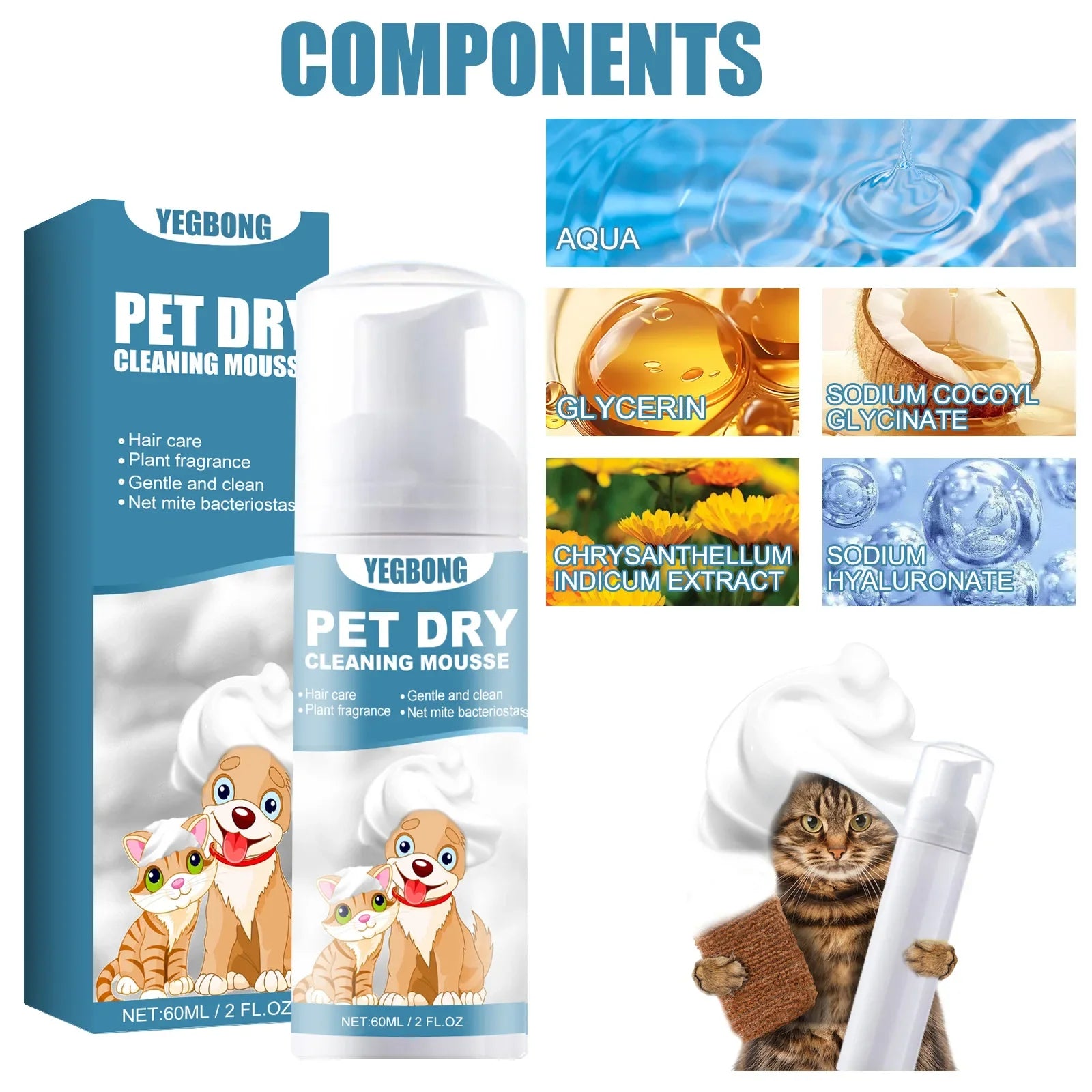 Yegbong Pet Dry Shampoo No Rinse Waterless Wash