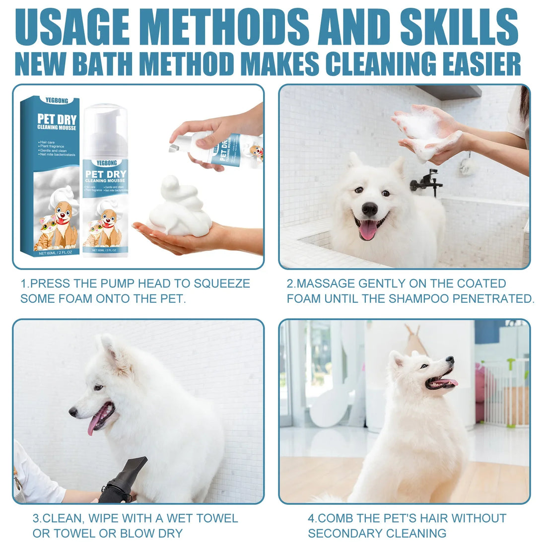 Yegbong Pet Dry Shampoo No Rinse Waterless Wash