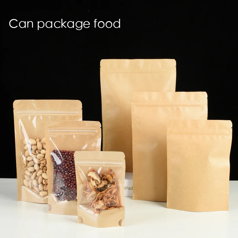100 Kraft paper sealed pocket Stand up Zip lock Dry Food