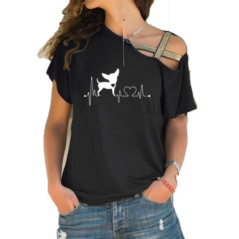 Women Short Sleeve Heartbeat Paw Dogs Tshirt