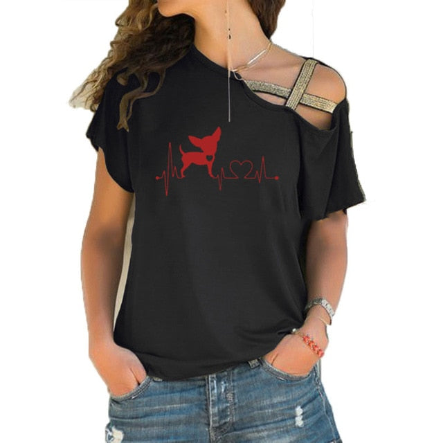 Women Short Sleeve Heartbeat Paw Dogs Tshirt