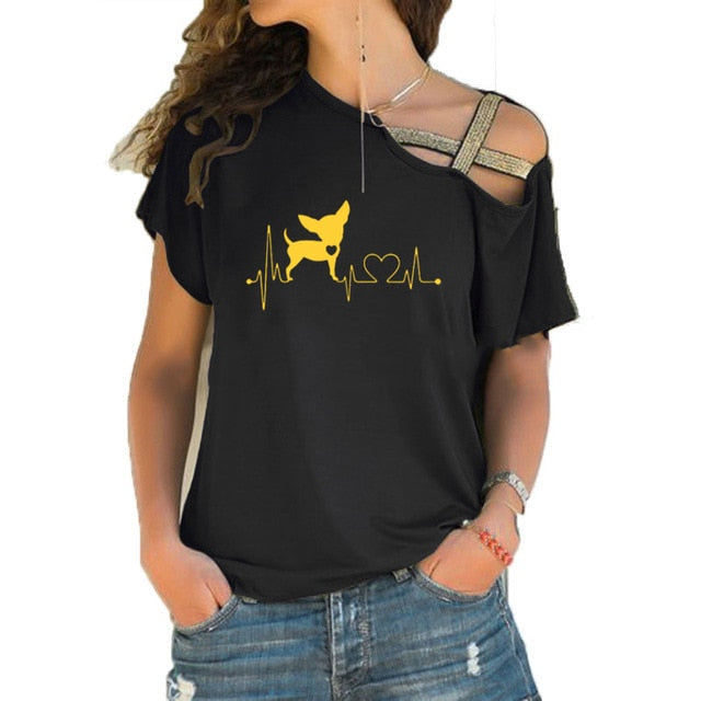 Women Short Sleeve Heartbeat Paw Dogs Tshirt