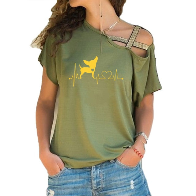 Women Short Sleeve Heartbeat Paw Dogs Tshirt