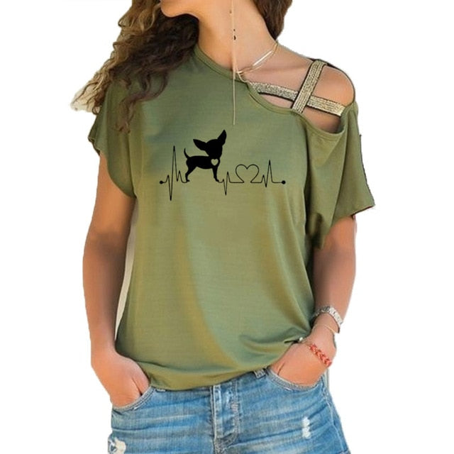 Women Short Sleeve Heartbeat Paw Dogs Tshirt