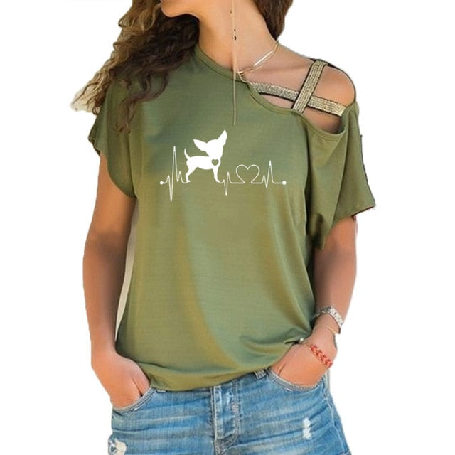 Women Short Sleeve Heartbeat Paw Dogs Tshirt