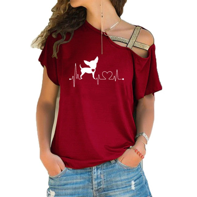 Women Short Sleeve Heartbeat Paw Dogs Tshirt