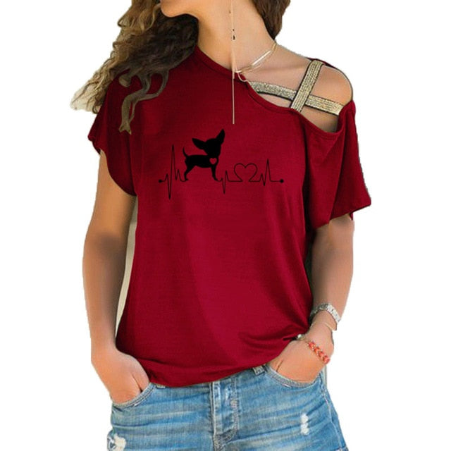 Women Short Sleeve Heartbeat Paw Dogs Tshirt