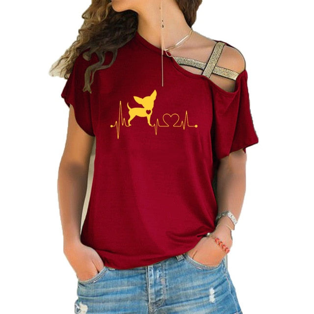 Women Short Sleeve Heartbeat Paw Dogs Tshirt