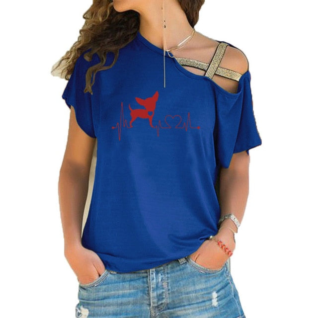 Women Short Sleeve Heartbeat Paw Dogs Tshirt