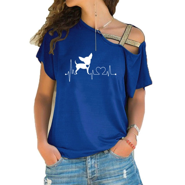 Women Short Sleeve Heartbeat Paw Dogs Tshirt