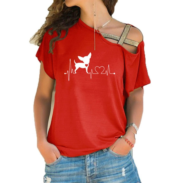 Women Short Sleeve Heartbeat Paw Dogs Tshirt
