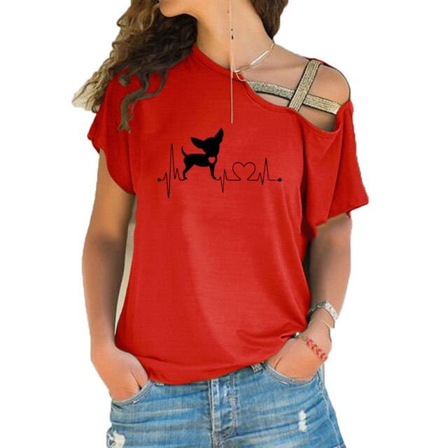 Women Short Sleeve Heartbeat Paw Dogs Tshirt