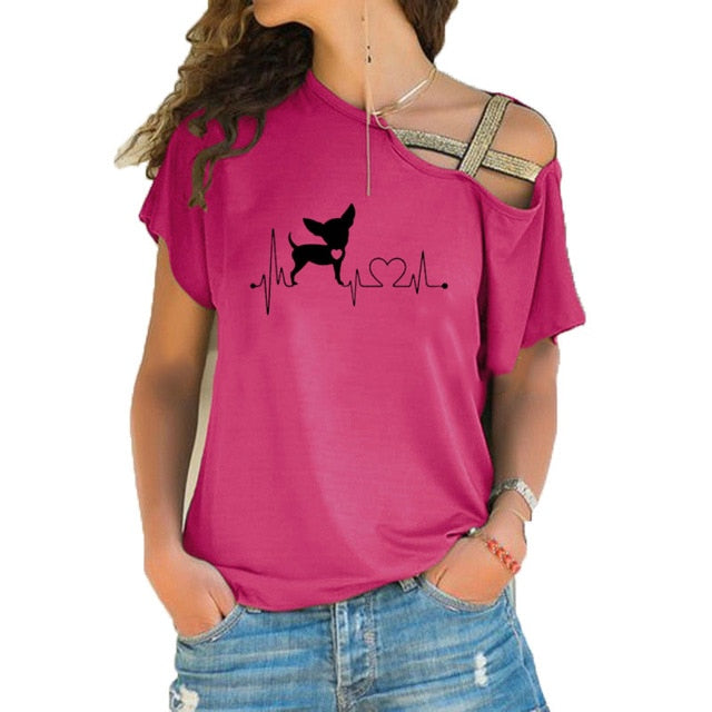 Women Short Sleeve Heartbeat Paw Dogs Tshirt