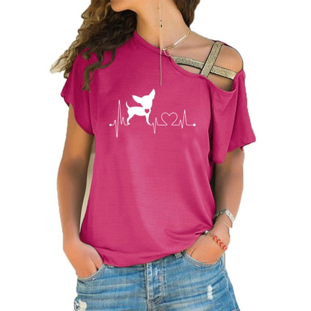 Women Short Sleeve Heartbeat Paw Dogs Tshirt