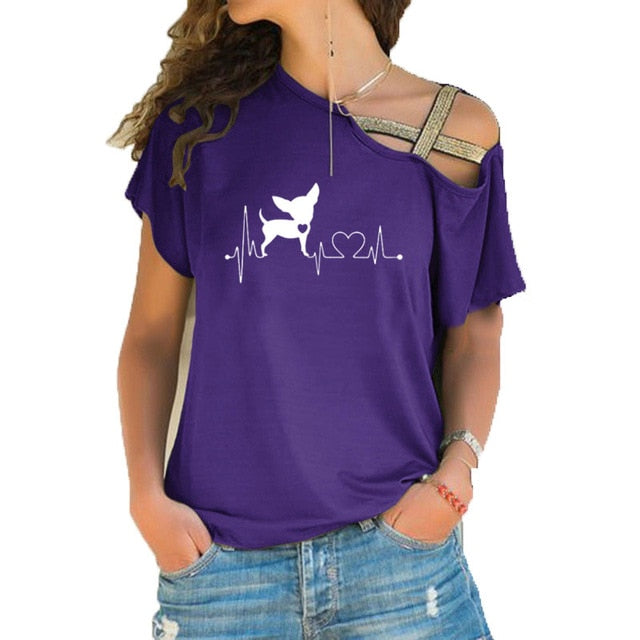 Women Short Sleeve Heartbeat Paw Dogs Tshirt