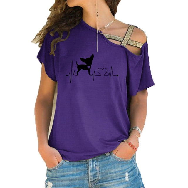 Women Short Sleeve Heartbeat Paw Dogs Tshirt