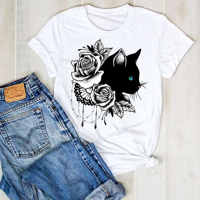 Cartoon Dog Paw Printed Fashion Summer Ladies Tshirt