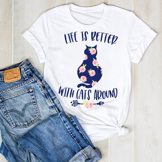 Cartoon Dog Paw Printed Fashion Summer Ladies Tshirt