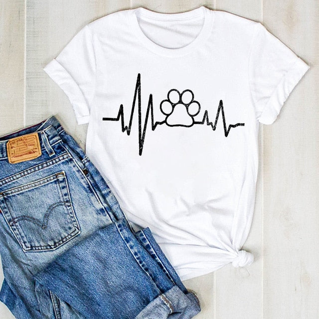 Cartoon Dog Paw Printed Fashion Summer Ladies Tshirt