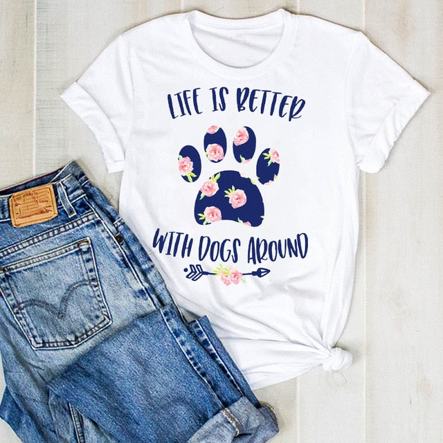 Cartoon Dog Paw Printed Fashion Summer Ladies Tshirt