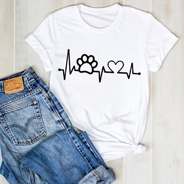 Cartoon Dog Paw Printed Fashion Summer Ladies Tshirt