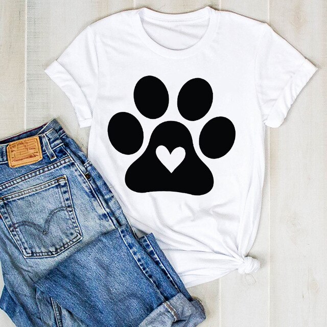 Cartoon Dog Paw Printed Fashion Summer Ladies Tshirt