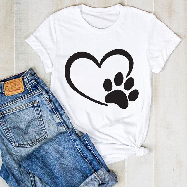 Cartoon Dog Paw Printed Fashion Summer Ladies Tshirt