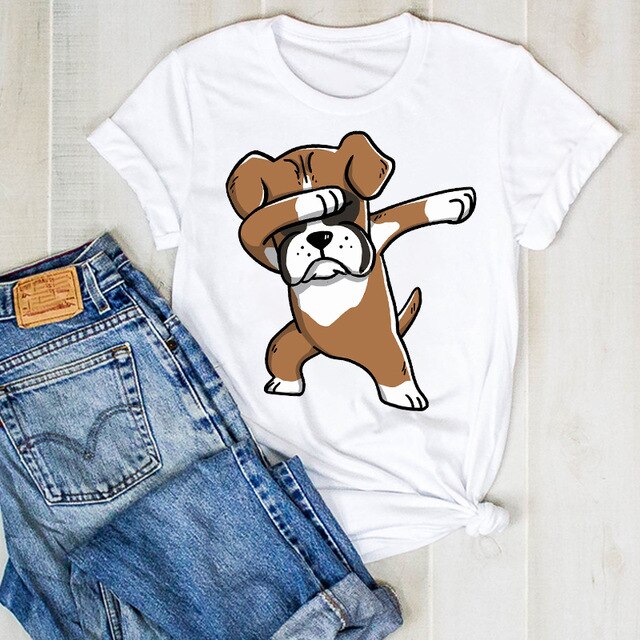 Cartoon Dog Paw Printed Fashion Summer Ladies Tshirt