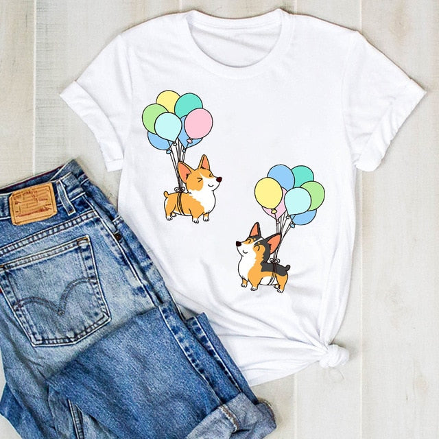 Cartoon Dog Paw Printed Fashion Summer Ladies Tshirt