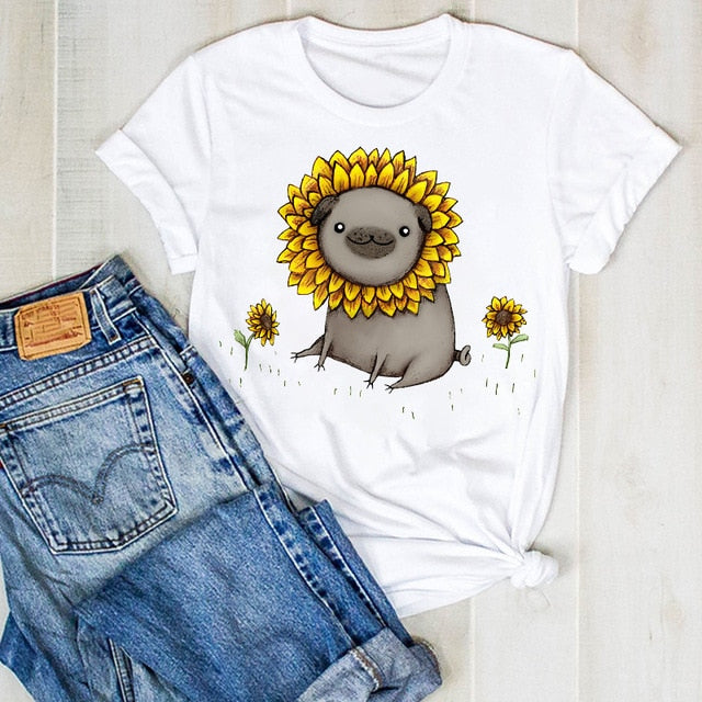 Cartoon Dog Paw Printed Fashion Summer Ladies Tshirt