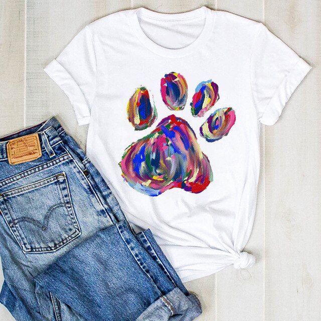 Cartoon Dog Paw Printed Fashion Summer Ladies Tshirt