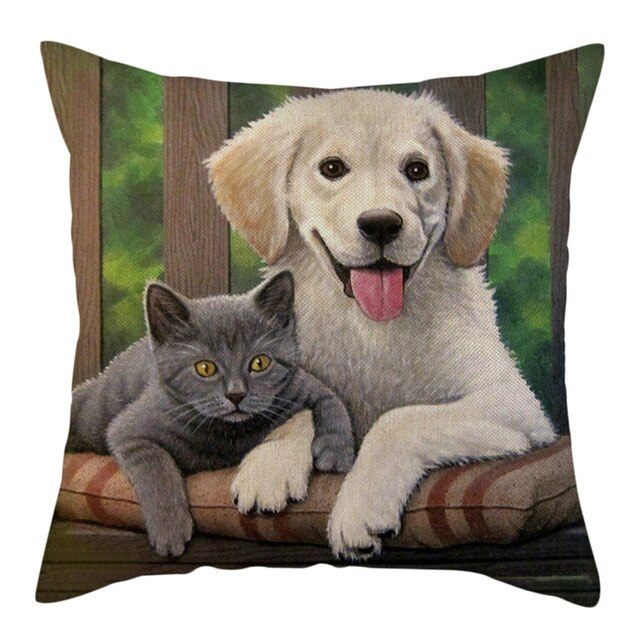 Nanacoba Pure Linen Cute Dog Printed Cushion Cover